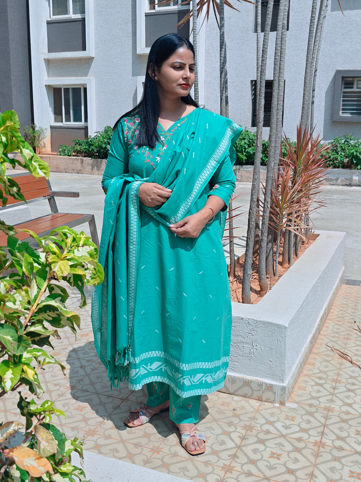 Neelambari - Teal Embroidered 3 Piece Suit Set