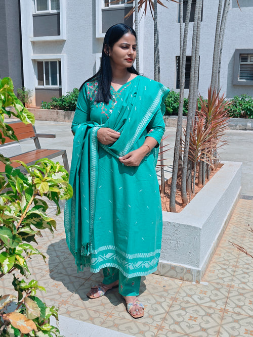 Neelambari - Teal Embroidered 3 Piece Suit Set