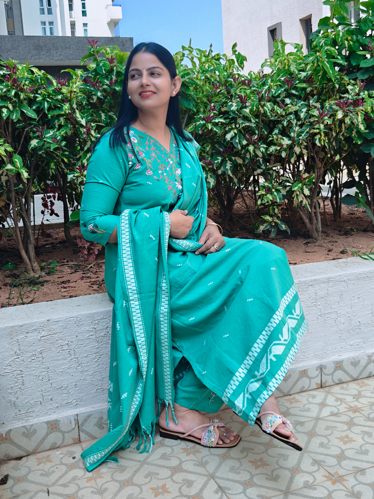 Neelambari - Teal Embroidered 3 Piece Suit Set