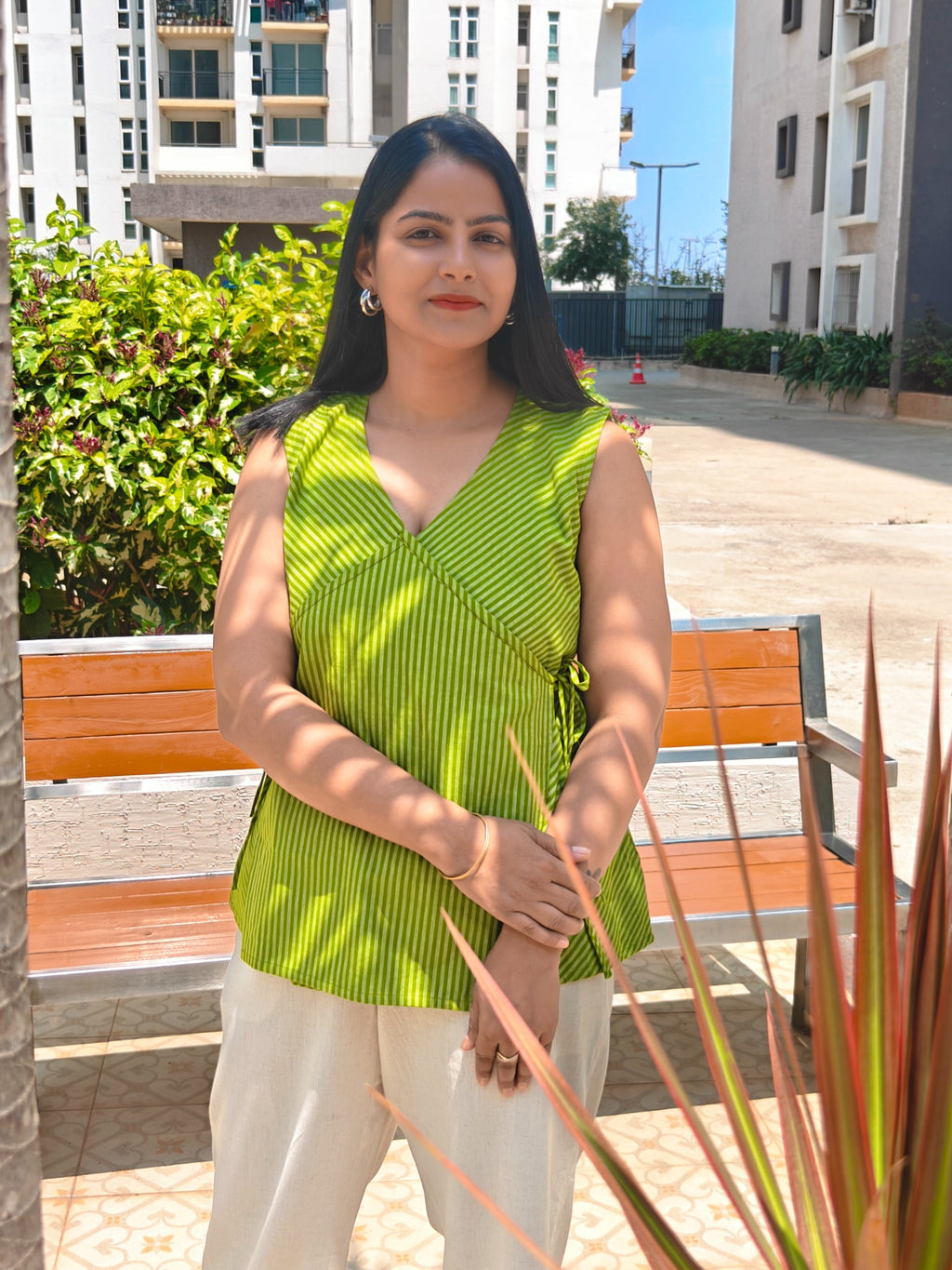 Green striped Angrakha top, close front view