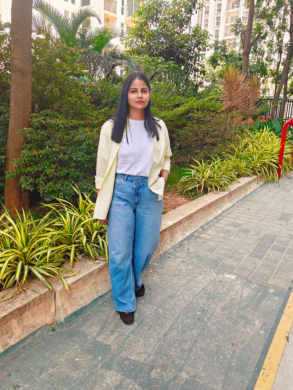 Amaltas pale yellow checked shirt, styling view