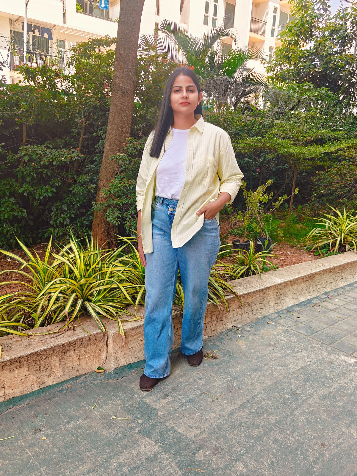 Amaltas pale yellow checked shirt, styling view