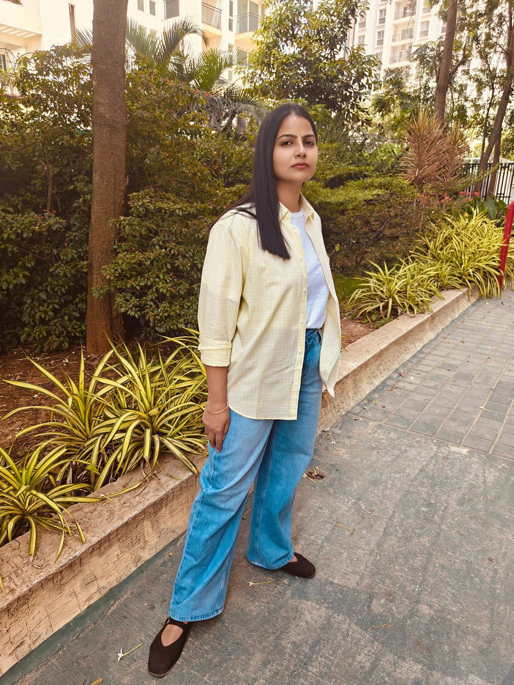 Amaltas yellow checked shirt, front or detail view