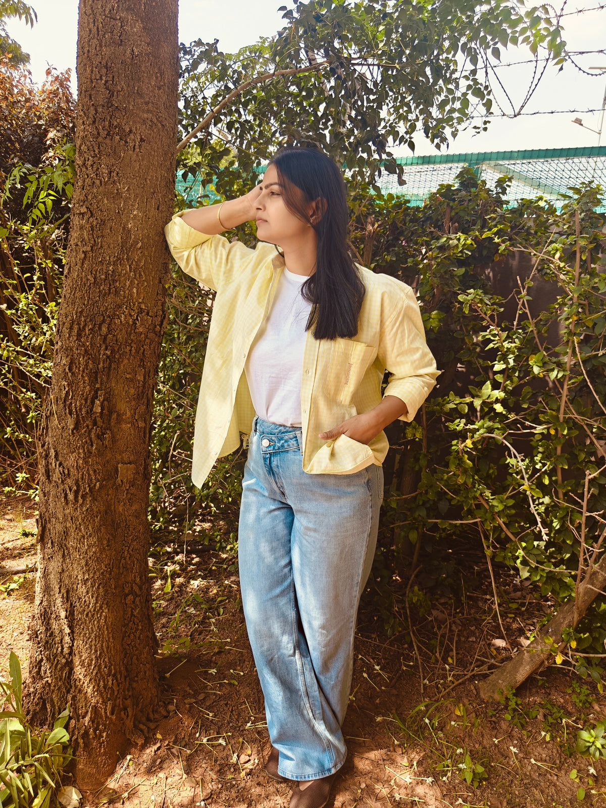 Amaltas pale yellow checked shirt, styling view