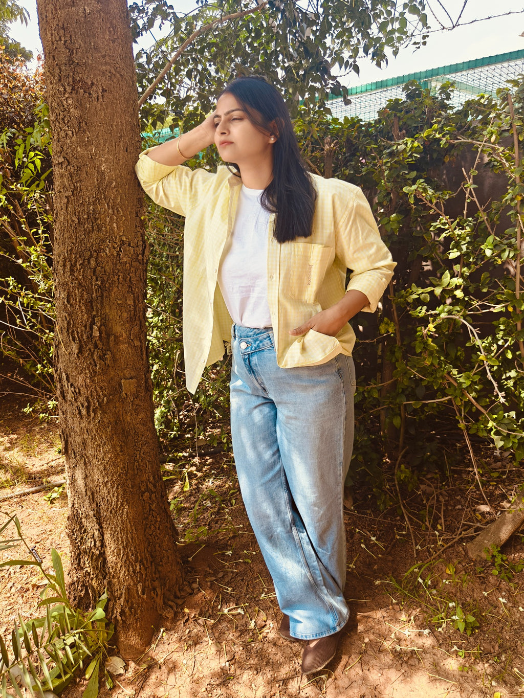 Amaltas pale yellow checked shirt, styling view