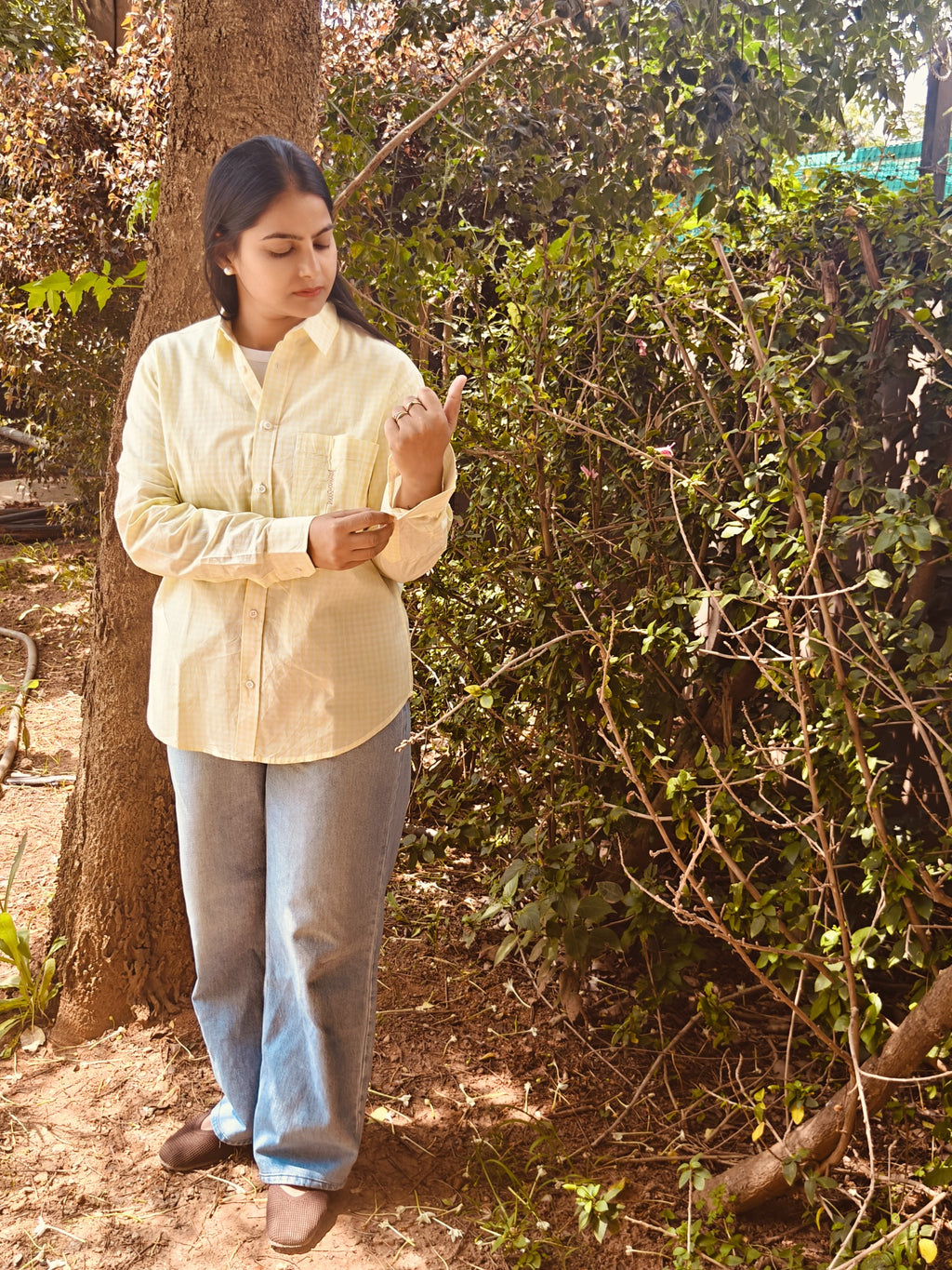Amaltas yellow checked shirt, styling view