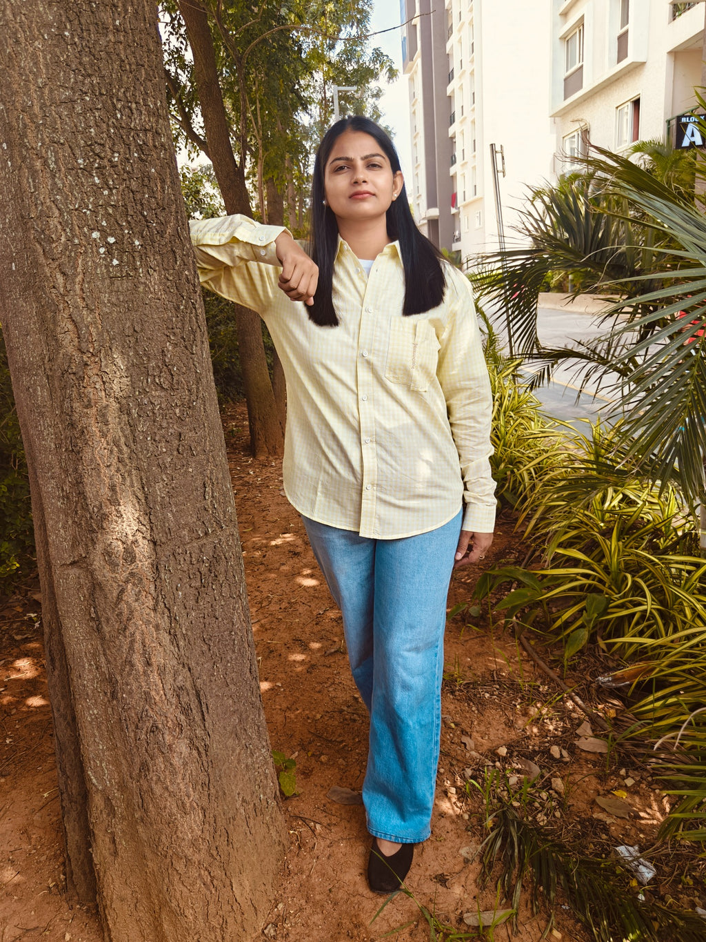 Amaltas yellow checked shirt, styling view