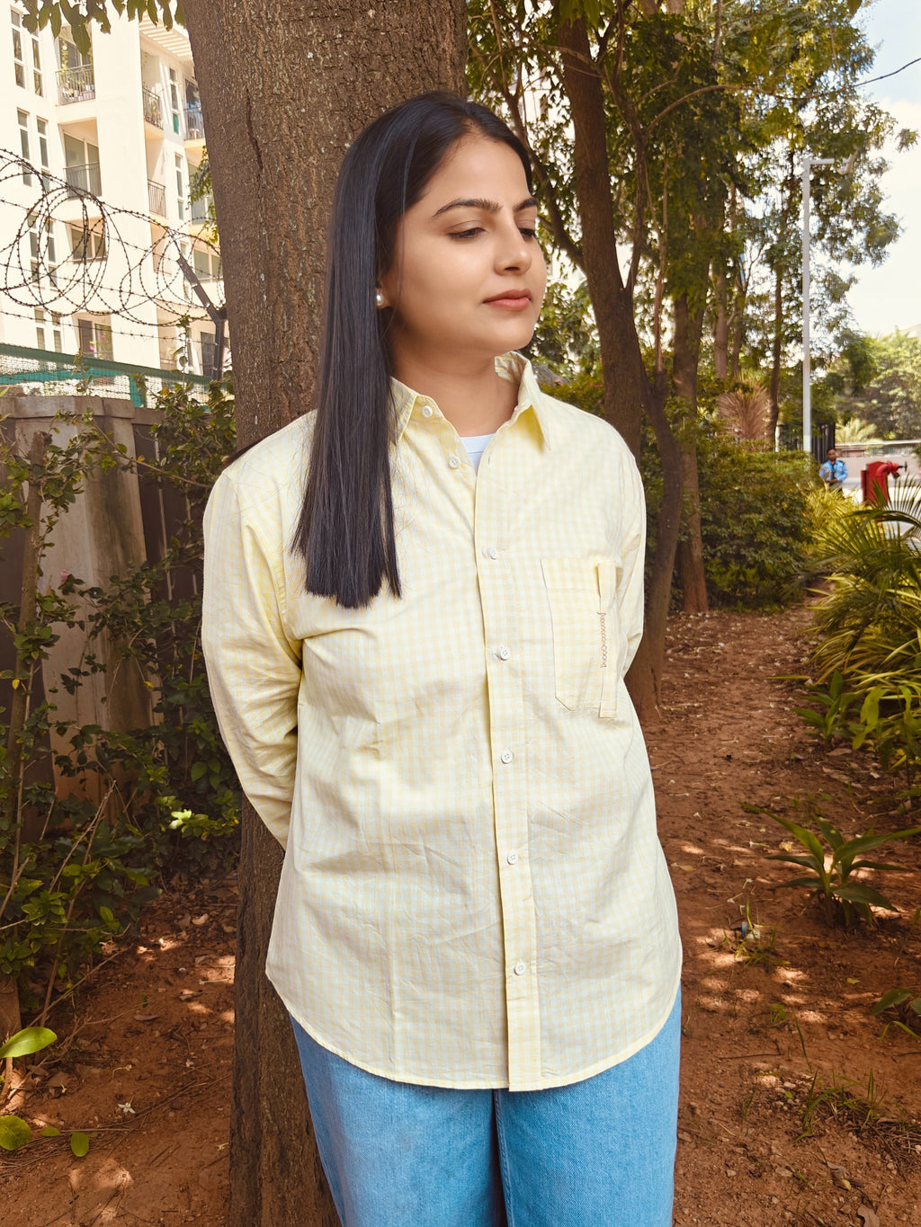 Amaltas yellow checked shirt, styling view