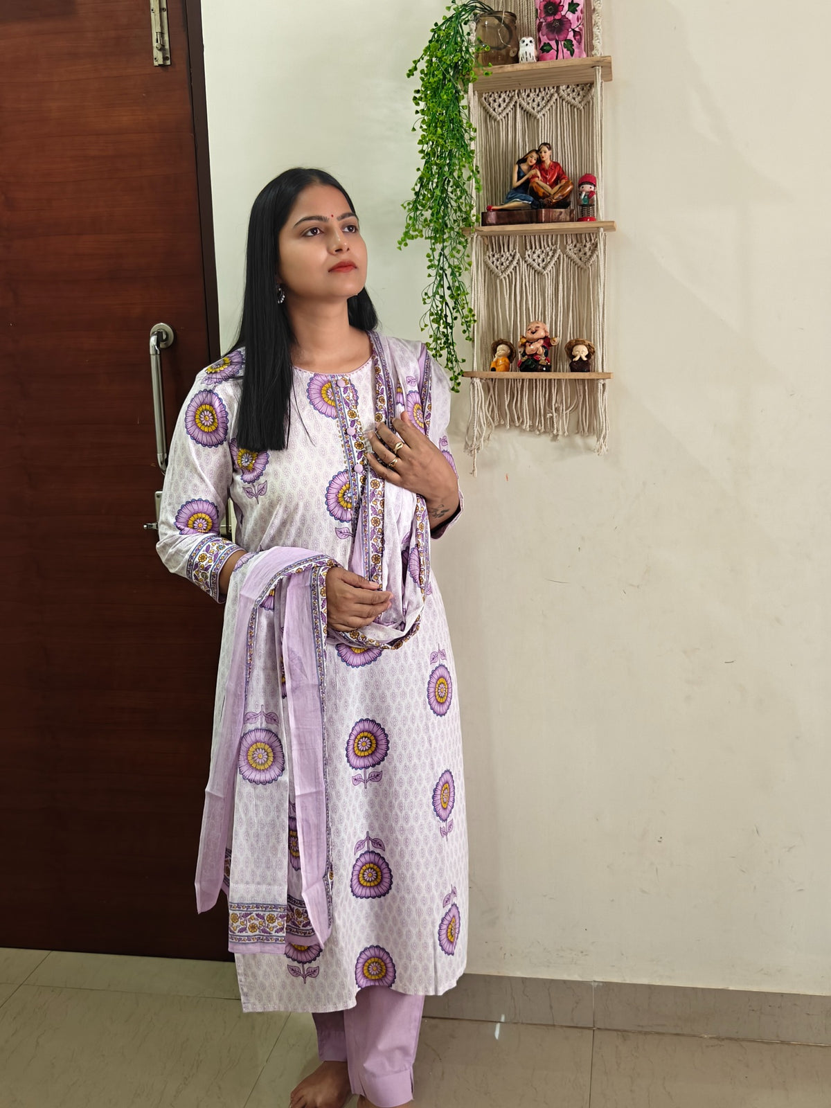 Lavender floral three-piece suit, full-length front view