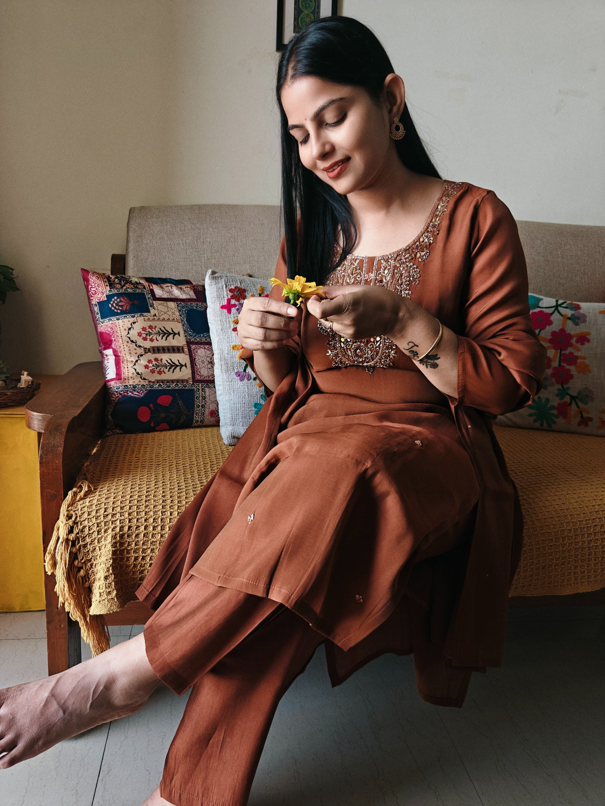 Rust embroidered three-piece suit, seated styling