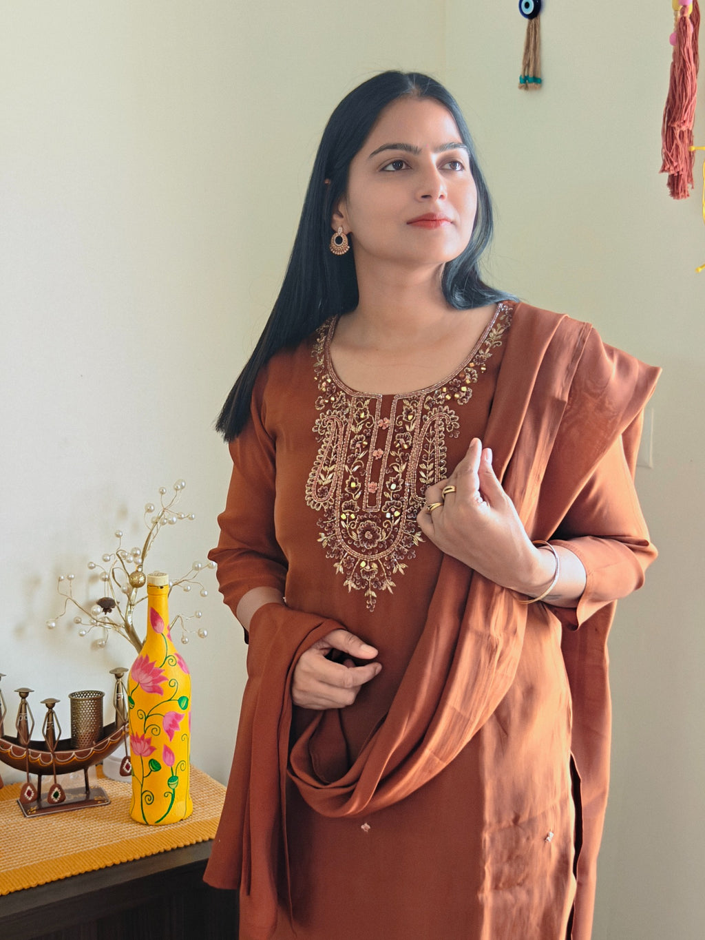 Rust embroidered suit, full-length view