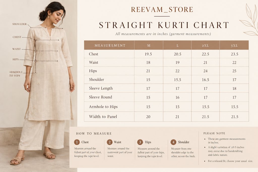 Reevam Store straight kurti size chart 